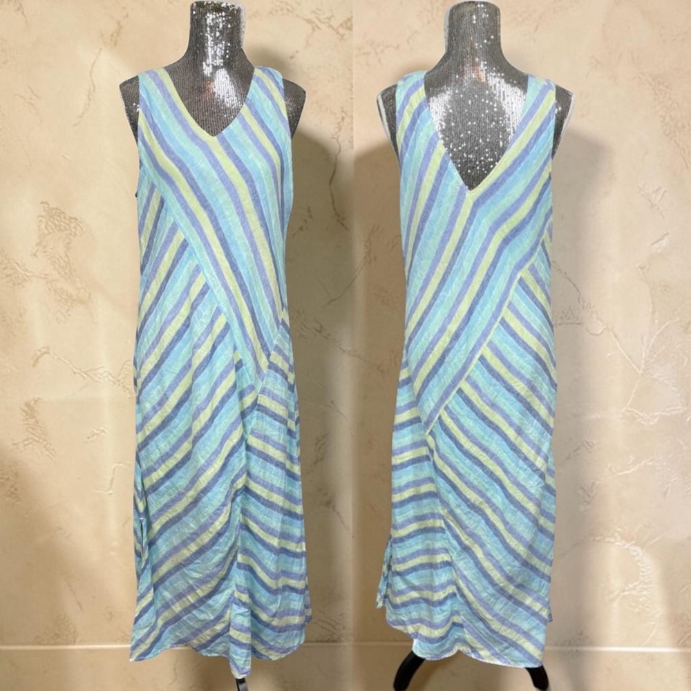 Blue Green Striped Linen Maxi Dress Sleeveless V Neck Coastal Resort Beach Large
